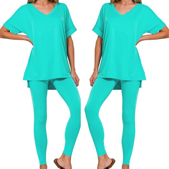 V‑Neck Short-Sleeve Loungewear Leggings Set-Buttery Soft Brushed DTY Microfiber - Picture 1 of 4